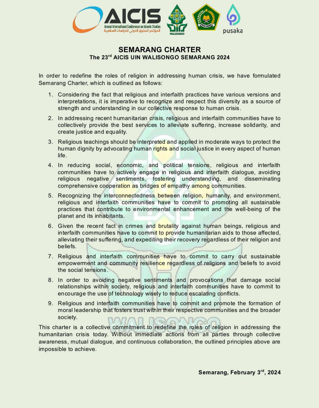Ini Dia 9 Charter yang dihasilkan dari agenda AICIS 2024 Tuan Rumah UIN Walisongo Semarang