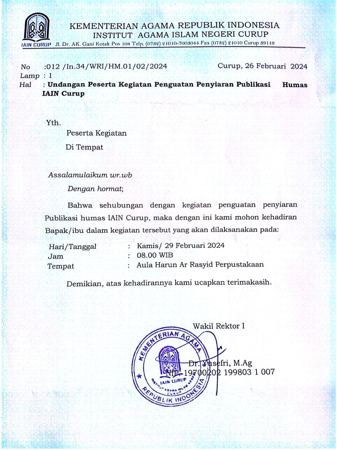 PENGUMUMAN!!! Undangan Peserta Kegiatan Penguatan Penyiaran Publikasi Humas IAIN Curup, Nama-nama Terlampir