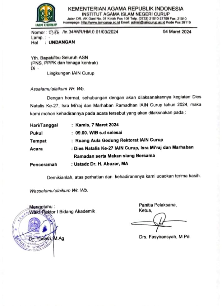 PENGUMUMAN!!! Undangan Dies Natalis ke-27, Isra' Mi'raj dan Marhaban Ramadhan IAIN Curup Tahun 2024