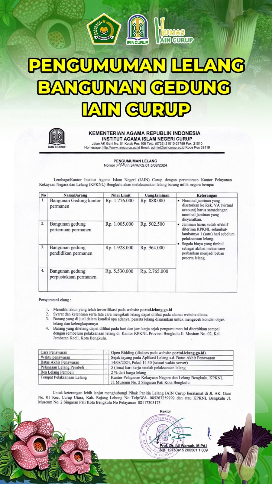 Pengumuman Lelang 4 Bangunan Gedung IAIN Curup