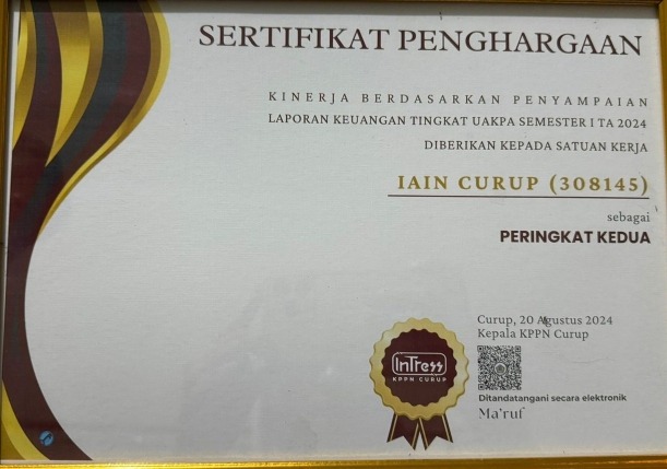IAIN CURUP RAIH PERINGKAT KE-2 KINERJA BERDASARKAN PENYAMPAIAN LAPORAN KEUANGAN TINGKAT AUKPA SEMESTER I TA 2024