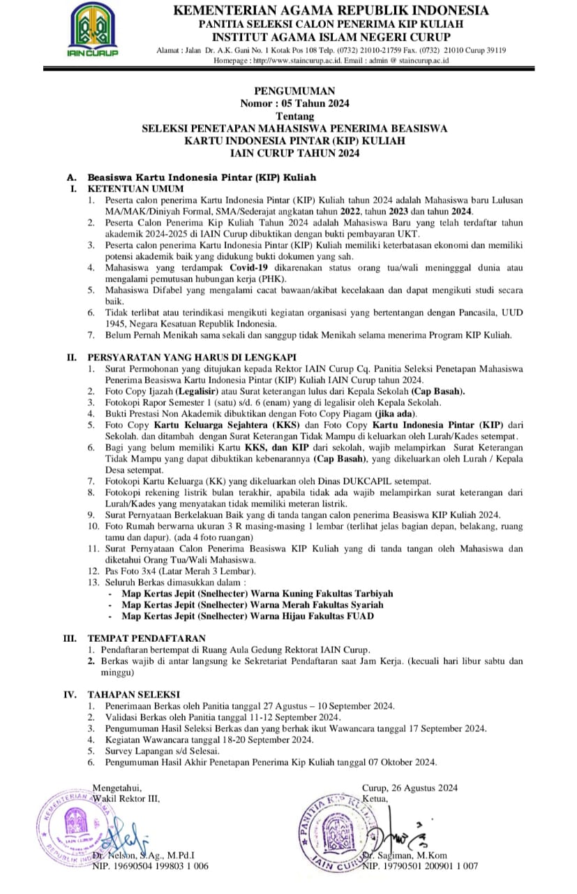 IAIN Curup Buka Penerimaan Beasiswa KIP Kuliah Tahun 2024, SIMAK Persyaratannya!!!