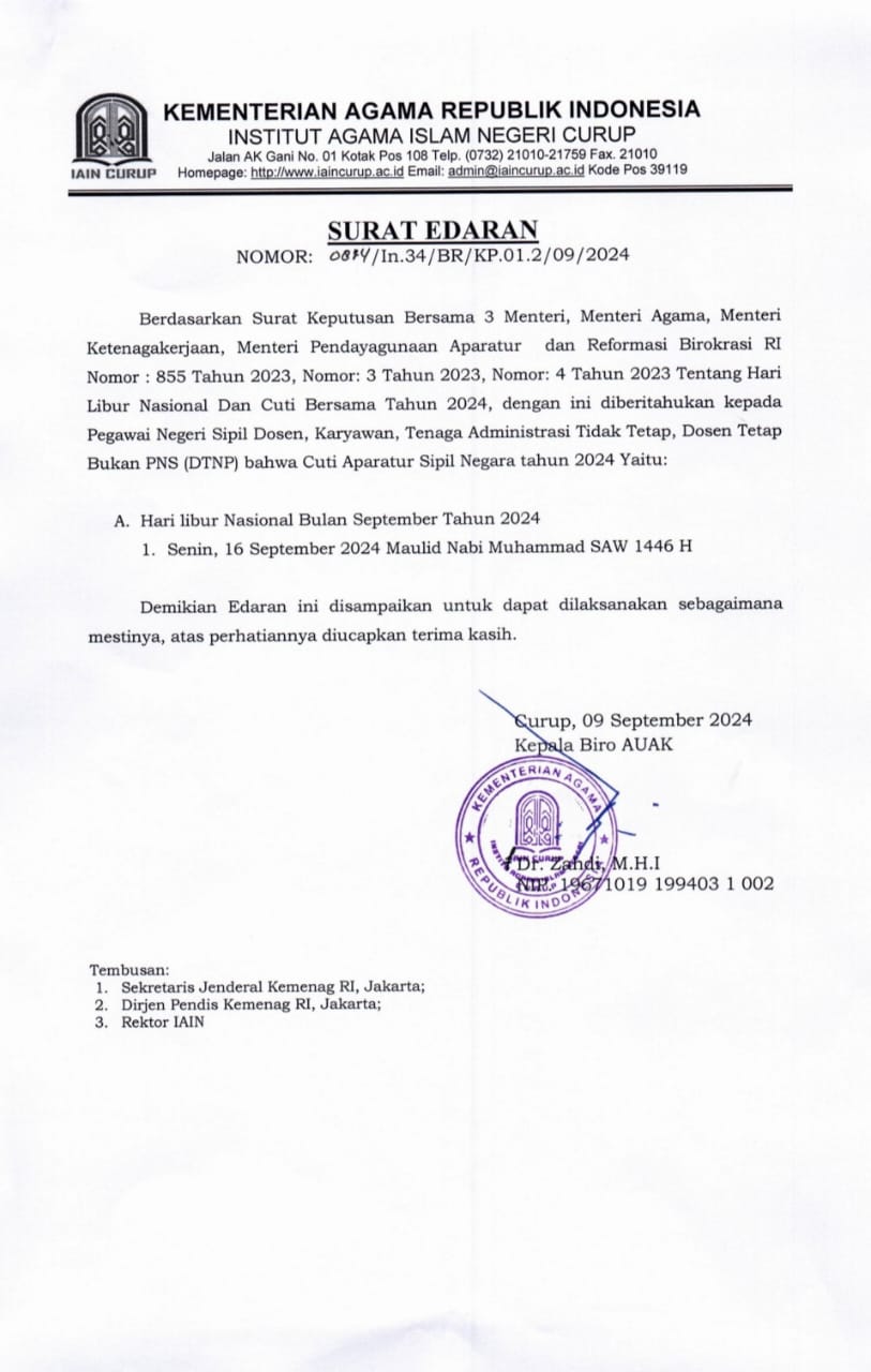 SURAT EDARAN HARI LIBUR NASIONAL BULAN SEPTEMBER TAHUN 2024